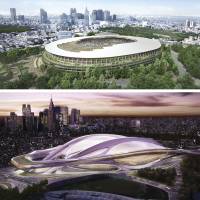 This combination of artist renderings shows the original design (above), by architect Zaha Hadid, of the new stadium for the 2020 Tokyo Olympics selected on Nov. 16, 2012 but which was later scrapped due to controversy over its cost and scale, and the newly selected plan (top) by Kengo Kuma. Rebuffed architect Hadid probing 'similarities' in original, new Olympic stadium designs