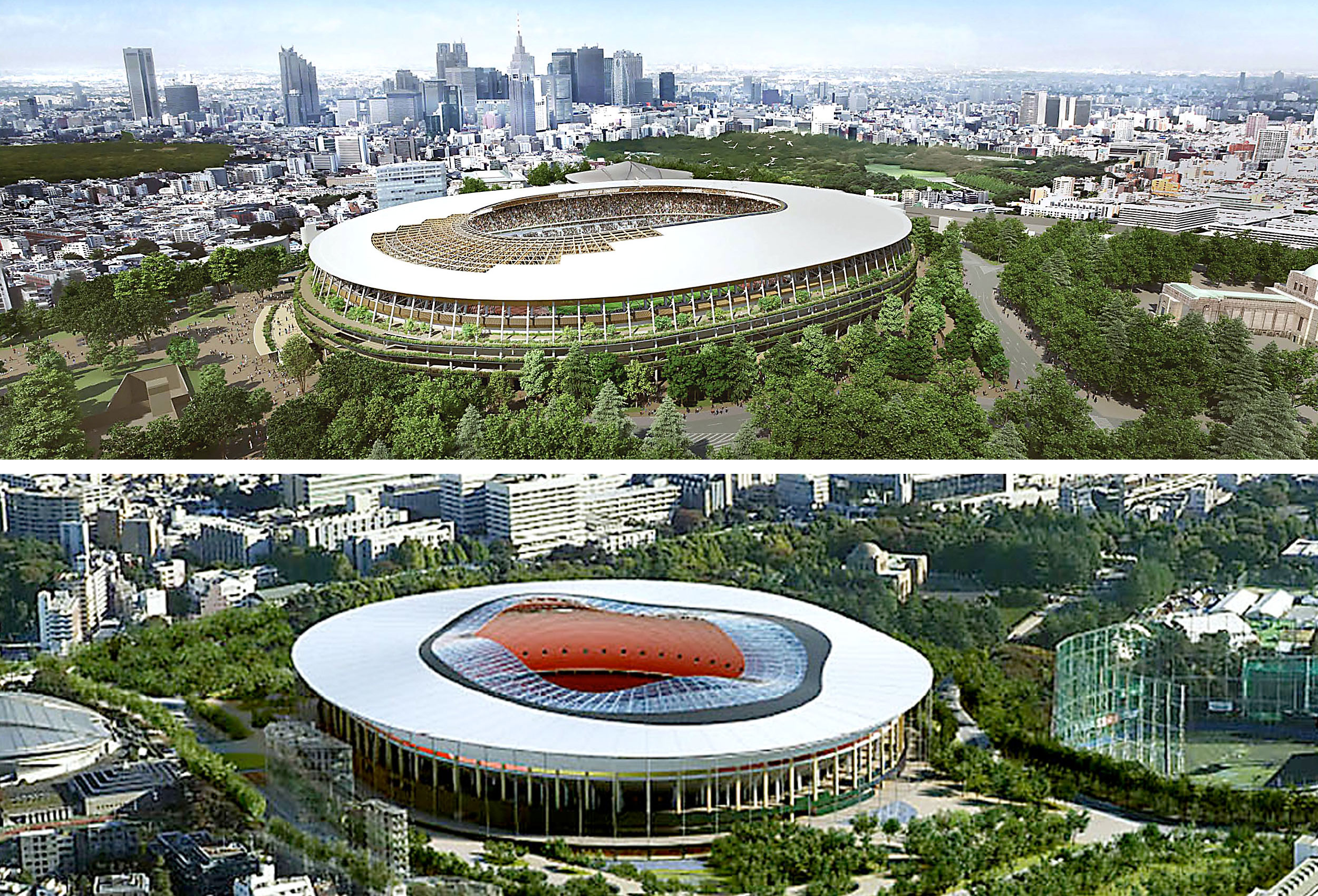 Two fresh designs for the new National Stadium, the main venue for the 2020 Tokyo Olympics, are shown in artists’ renderings released Monday by the Japan Sport Council. Design A is the top image and design B is above.  | JAPAN SPORTS COUNCIL