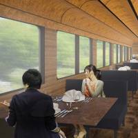 An artist\'s sketch shows a Seibu Chichibu Line dinner train, which will debut in April. | COURTESY OF SEIBU RAILWAY CO.
