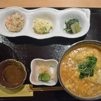 Tres chic: Lunch at Sakuya is served all at once on a lacquered tray, and includes (left to right) kaisendon (seafood rice bowl), vegetable appetizers and ankake udon (wheat noodles in a thickened broth). | J.J. O\'DONOGHUE