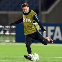 Barcelona\'s Lionel Messi participates in a training session on Saturday, a day before the Club World Cup final, in Yokohama. | AFP-JIJI
