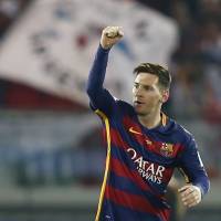 Barcelona\'s Lionel Messi celebrates after his first-half goal against River Plate during the Club World Cup final on Sunday in Yokohama. | REUTERS