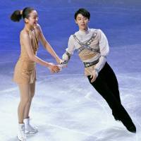 Yuzuru Hanyu and Mao Asada, seen here in the Exhibition Gala at the 2014 world championships, are the favorites heading into this week\'s Grand Prix Final in Barcelona, Spain. | KYODO