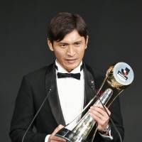 J. League MVP Toshihiro Aoyama speaks during Monday\'s awards ceremony. | KYODO
