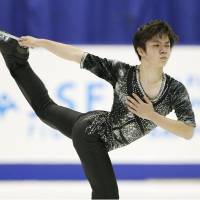 Shoma Uno skates during the short program on Friday at nationals. He finished second in the day\'s competition with 97.94 points, trailing only Yuzuru Hanyu. | KYODO