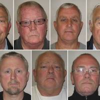 These custody images released by the Metropolitan Police Service on Thursday show (top, from left) Terry Perkins, John Collins, Daniel Jones and Brian Reader, who all previously pleaded guilty to conspiracy to commit burglary over the raid at Hatton Garden Safety Deposit in April 2015, and (bottom, from left) Hugh Doyle, William Lincoln and Carl Wood, who were convicted Thursday. | AFP-JIJI