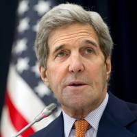 U.S. Secretary of State John Kerry speaks to members of the media at King Salman Regional Air Base in Riyadh on Saturday. | REUTERS
