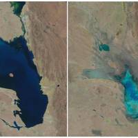 Demise of a lake: Satellite images show Bolivia’s Lake Poopo filled with water on Oct, 11, 1986 (above) and almost dry on Jan. 16. Bolivia's second-largest lake lost to warming
