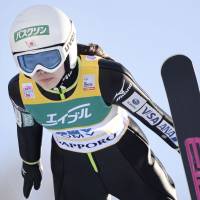 Sara Takanashi competes at a World Cup event at Sapporo\'s Miyanomori Ski Jump Stadium on Sunday. | KYODO