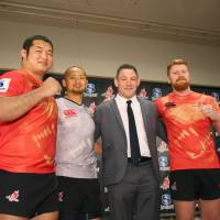 Head coach Mark Hammett (second from right) is so far the only listed member of the Sunwolves\' coaching staff. | KYODO