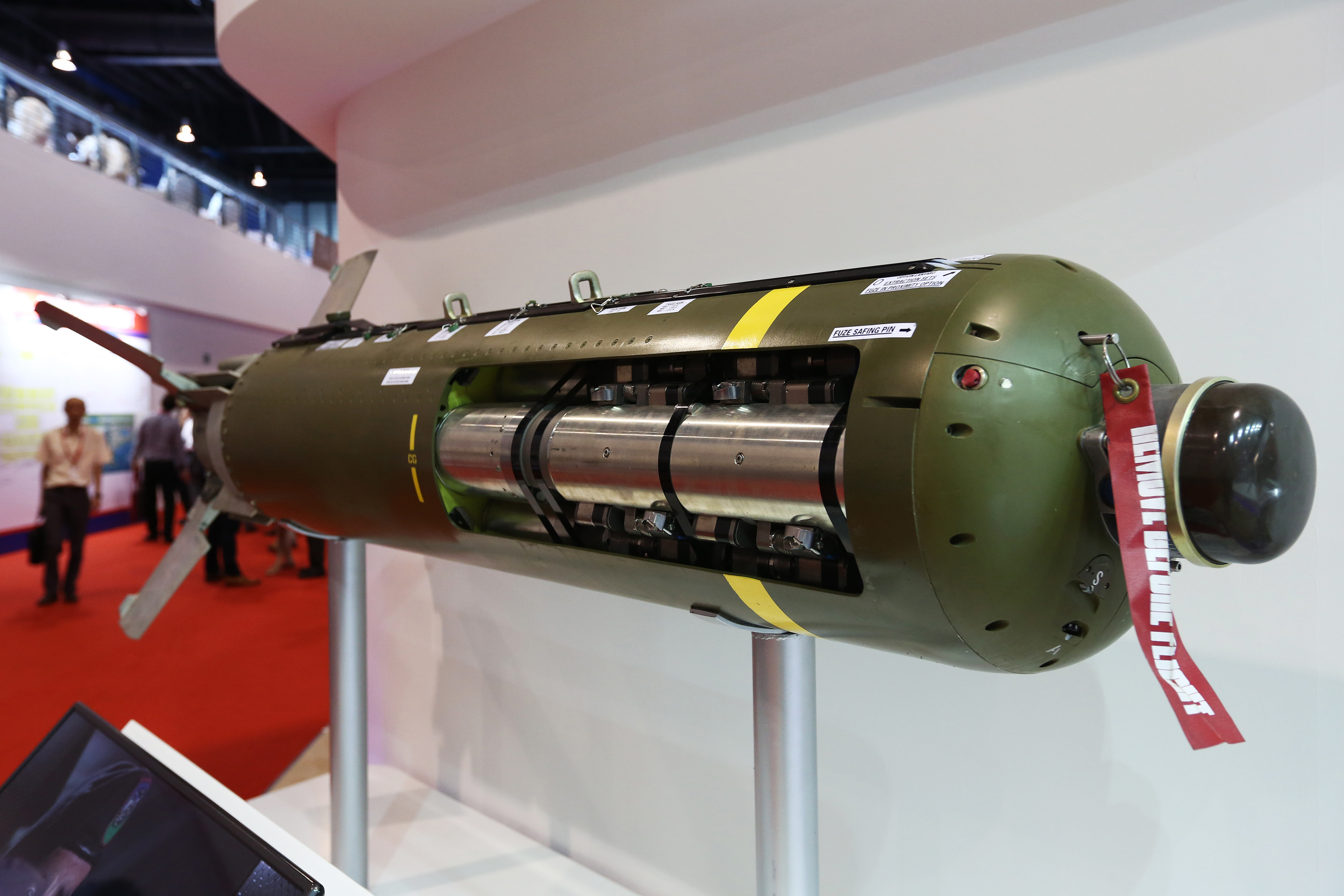 A Textron Systems CBU-105 sensor fused weapon sits on display at the Singapore Airshow on Wednesday. | BLOOMBERG