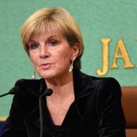 Australian Foreign Minister Julie Bishop addresses reporters in Tokyo on Tuesday. | AFP-JIJI