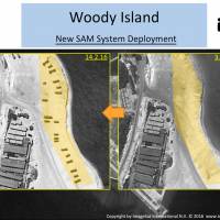 These satellite photos provided by ImageSat International on Wednesday show the changes on Woody Island in the South China Sea from Feb. 2 (right) to 14. | AP