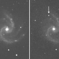 Before-and-after images show supernova SN2016C (marked with arrow), which Masakatsu Aoki found in January. | KYODO