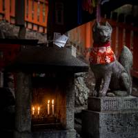 One of many foxes greet travelers on their way to the shrine. | BENJAMIN PARKS