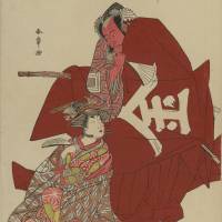 Katsukawa Shunsho\'s \"Kabuki Actors, Ichikawa Danjuro V as Sakata no Kintoki and Segawa Kikunojo III as Kumo no sei Disguised as Maiko, Tsumagiku\" (Exhibited during the first term of the exhibition) | REUTERS