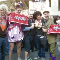 Foreign rugby fanatics enjoy the atmosphere after the Sunwolves-Lions game at Prince Chichibu Memorial Ground on Saturday. | KAZ NAGATSUKA