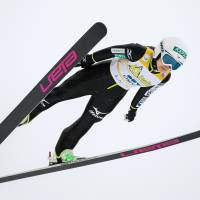 Sara Takanashi competes in the women\'s ski jumping HS 100 competition in Lahti, Finland, on Friday. Takanashi claimed her 12th victory of the season. | LAIHO/NORDICFOCUS/KYODO