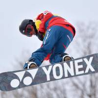 Ryo Aono competes at a World Cup halfpipe event in Sapporo on Sunday. | KYODO
