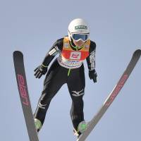 Sara Takanashi competes in a World Cup event on Saturday. Takanashi won to claim her ninth straight competition. | AFP-JIJI