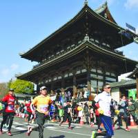Marathoners run past Ninnaji Temple, a UNESCO World Heritage site, during the fifth annual Kyoto Marathon on Sunday. About 16,000 people took part, including Nobel Prize-winning stem cell scientist Shinya Yamanaka, who finished in 3:44:42. | KYODO