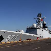 A Chinese warship is seen after taking part in an exercise with Cambodian naval officers in Preah Sihanouk province, Cambodia, on Friday. | REUTERS