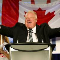 Toronto Mayor Rob Ford gives the thumbs up sign during his campaign launch party in Toronto on April 17, 2014. | REUTERS