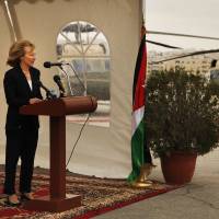 U.S. Ambassador to Jordan Alice Wells speaks at the official delivery of eight UH-60A helicopters, better known as Blackhawks, from the United States to Jordan\'s Marka Airport, in Amman Thursday. | AP