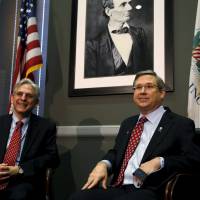 U.S. Sen. Mark Kirk (right) meets with President Barack Obama\'s Supreme Court nominee, Merrick Garland, on Capitol Hill in Washington Tuesday. | REUTERS