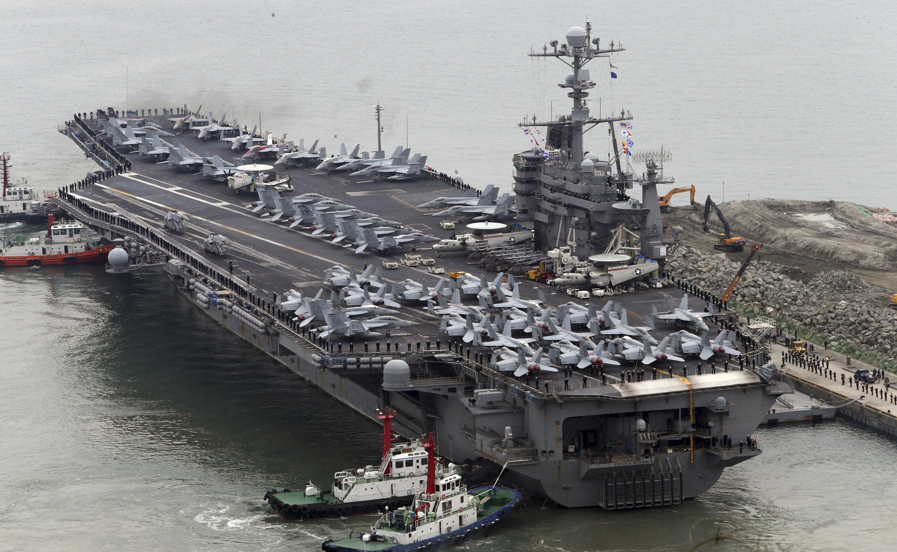 The Nimitz-class aircraft carrier USS John C. Stennis arrives in Busan, South Korea, on Sunday, ahead of the annual Key Resolve military exercise conducted by South Korean and U.S. forces. | REUTERS