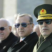 Turkish President Tayyip Recep Erdogan (center) attends a ceremony to mark the 101st anniversary of the Battle of Canakkale, part of the World War I Gallipoli campaign, in Canakkale, Turkey, on Friday. | REUTERS