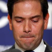 Republican presidential candidate Sen. Marco Rubio speaks during a Republican primary night celebration rally at Florida International University in Miam Tuesday. Rubio is ending his campaign for the Republican nomination for president after a humiliating loss in his home state of Florida. | AP