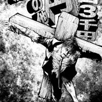 A cartoon by manga artist Shuhei Makura depicts a teacher on the verge of being crushed under the weight of unpaid overwork and financial sacrifice. | © SHUHEI MAKURA