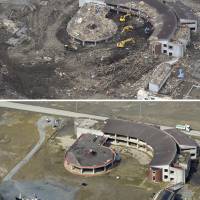 The city of Ishinomaki, Miyagi Prefecture, is considering preserving Okawa Elementary School, seen nearly two weeks after the 3/11 disaster (above) and on Feb. 28, 2014 (below). | KYODO