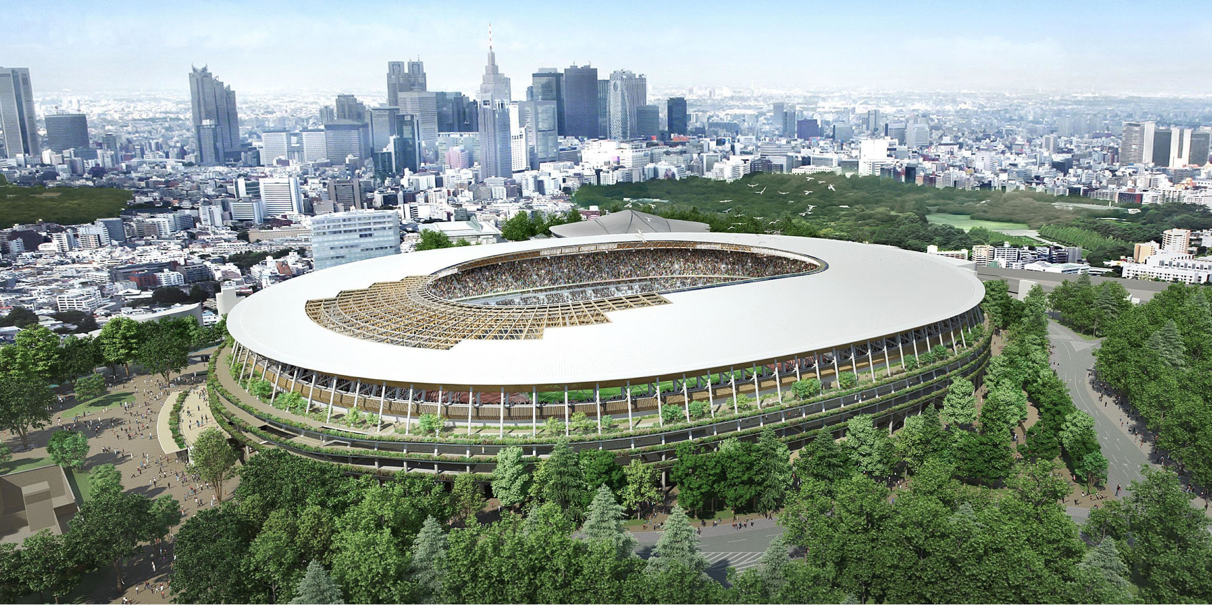 The cauldron location at the new National Stadium, seen in this artist's projection, is under review amid fears the wooden interiors could breach fire laws. | KYODO