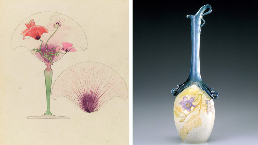 Drawing, design for the petal-shaped vase 'Coquelicot' (ca. 1900); An eggplant-shaped vase (dated 1900, model exhibited at the 1900 Paris World Exposition) | &#169; RMN-GRAND PALAIS (MUSEE D'ORSAY) / HERVE LEWANDOWSKI / DISTRIBUTED BY AMF; KITAZAWA MUSEUM OF ART