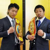 WBO super flyweight champion Naoya Inoue (left) and IBF light flyweight champion Akira Yaegashi will defend their titles in a doubleheader on May 8. | KYODO
