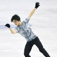 Shoma Uno, seen here at practice on Monday, is competing in the senior world championships for the first time this week in Boston. He was the world junior champion last season. | KYODO