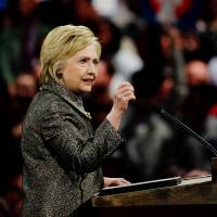 Democratic presidential candidate Hillary Clinton addresses supporters during a primary night event on Tuesday in Philadelphia after winning the Pennsilvania state primary. | AFP-JIJI