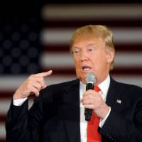 Republican U.S. presidential candidate Donald Trump speaks at a town hall event in Appleton, Wisconsin, on Wednesday. | REUTERS