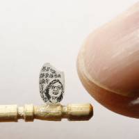 Artist Chen Forng-Shean points to his miniature portrait of Taiwanese President-elect Tsai Ing-wen on a grain of rice in Taipei on Monday. The Chinese characters read, \"Modest, modest and even more modest.\" | REUTERS
