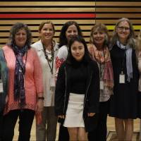Sofie Kusaba (center), an 18-year-old American School in Japan student, stands with survivors of Jack Moyer’s sex abuse scandal after becoming the inaugural recipient of the Strength and Courage Award at the school’s campus in Chofu, Tokyo, on Monday. American School in Japan launches scholarship to 'promote healing' in wake of sex-abuse scandal