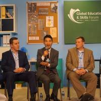 Teacher Kazuya Takahashi, the first Japanese finalist for the Global Teacher Prize, speaks during a session at the Global Education and Skills Forum in Dubai on March 12. | MAGDALENA OSUMI