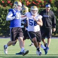 Tatsuaki Shojima (58) takes part in a practice with the UCLA Bruins last month. | KAZ NAGATSUKA
