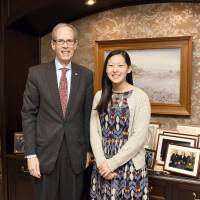 Amway Global Government Relations Public Policy Specialist Laura Bult (right) and Amway Japan G.K. Government and External Affairs Director Mark Davidson pose while on a courtesy visit to The Japan Times on April 6. | SATOKO KAWASAKI