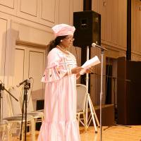 The President of the Association of Wives of African Ambassadors in Japan (AWAAJ), Alphonsine B. Ndzengue, wife of the ambassador of Cameroon, speaks at the association\'s charity dinner and dance, with proceeds this year going to Fukushima Support Net Sado and other charity organizations in Japan and Africa. | AWAAJ