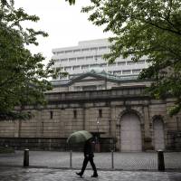 A pedestrian passes the Bank of Japan headquarters in Tokyo on a rainy day in April. | BLOOMBERG