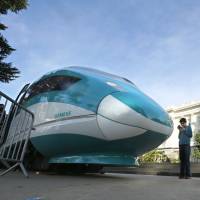A full-scale mock-up of a high-speed train is seen on display at the California Capitol in Sacramento on Feb. 26. | AP