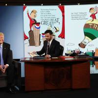 In this photo provided by ABC, Republican presidential candidate, Donald Trump talks with host Jimmy Kimmel on the ABC television show, \"Jimmy Kimmel Live!\" on Wednesday in Los Angeles. | RANDY HOLMES / ABC VIA AP