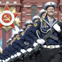 Russian servicemen march during the Victory Day parade, marking the 71st anniversary of the victory over Nazi Germany in World War II, at Red Square in Moscow Monday. | REUTERS